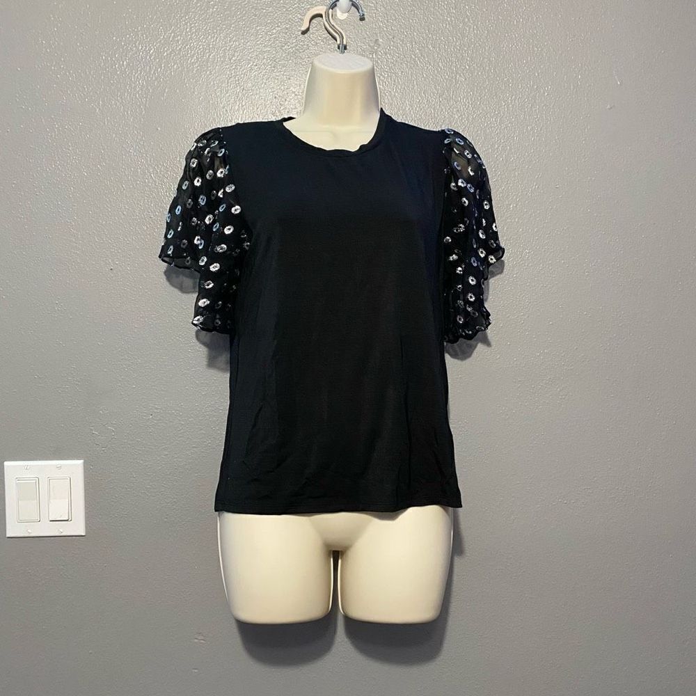 Generation Love Kati Silk Lurex Black & Silver Top Flowing Sleeves Size XS